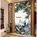 欧索大型壁画中式古典油画背景墙纸壁纸竖版丹顶鹤玄关走廊过道
