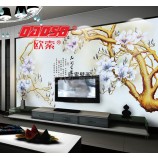 欧索大型壁画 3D立体中式墙纸 客厅电视背景墙壁纸 国画花开富贵